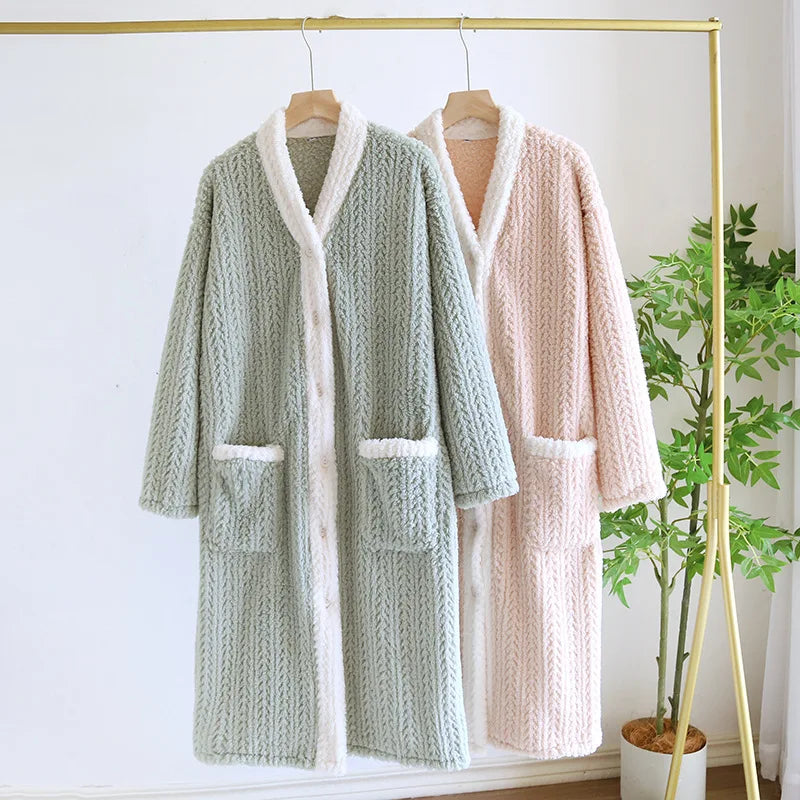 Maxy New Autumn and Winter Women's Nightgown Fleece Sweet and Cute Bathrobe Women's Nightdress V-neck Collar Button Home Dress