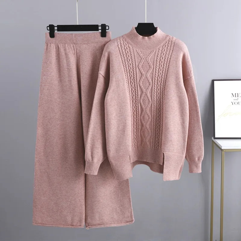 Maxy Winter Cashmere Women Tracksuits Thick Oversized Women Turtleneck Sweater 2 Pieces Sets Drawstring Harem Pant Suits Outfit