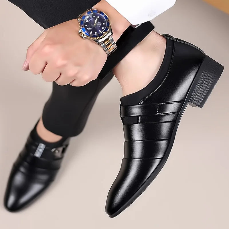 Amay Men Dress Italian Leather Shoes Slip on Fashion Men Leather Moccasin Glitter Formal Male Shoes Pointed Toe Shoes for Men