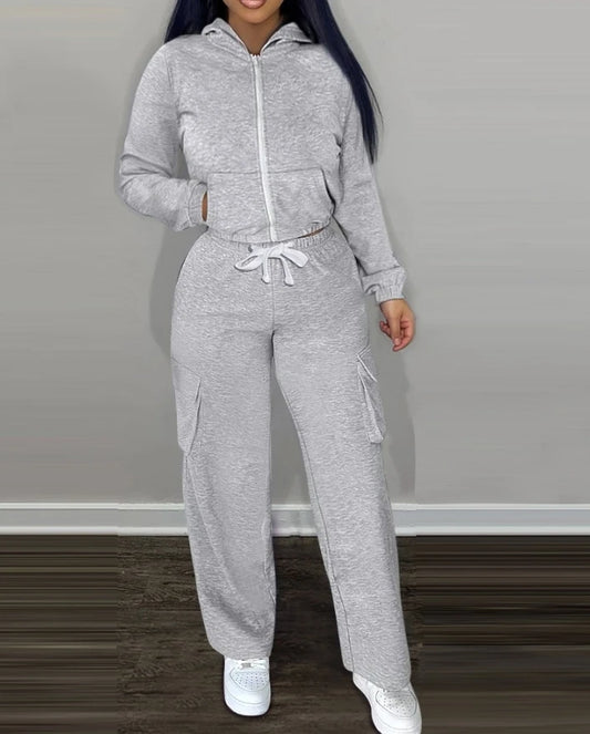 Amay Women's Sports Style Suits Autumn Winter Latest Long Sleeve Crop Hooded Sweatshirt & Pocket Design Sweatpants Pants Set