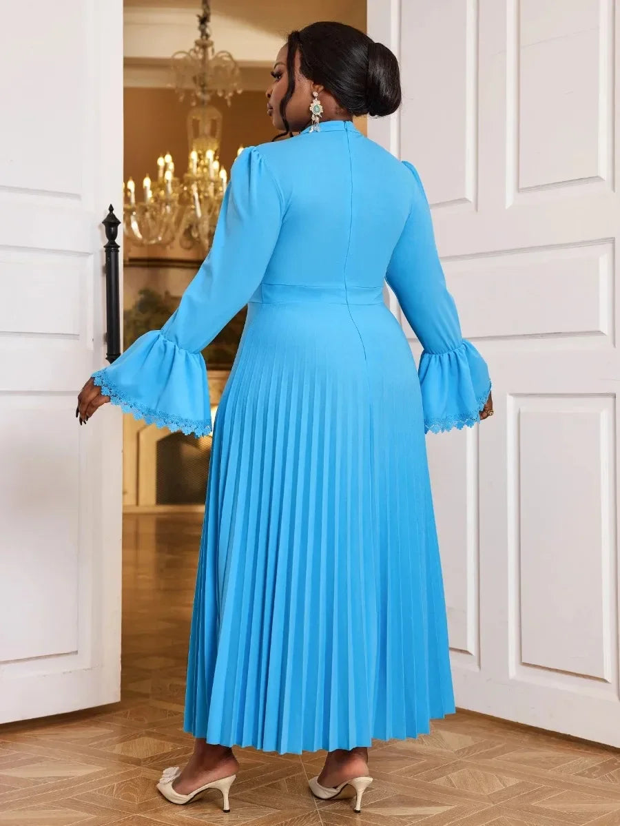 Women Blue Gracy's Dress Stand Collar Long Flare Sleeves Lace Patchwork Elegant Pleated A-Line Church Evening Banquet Party Gowns