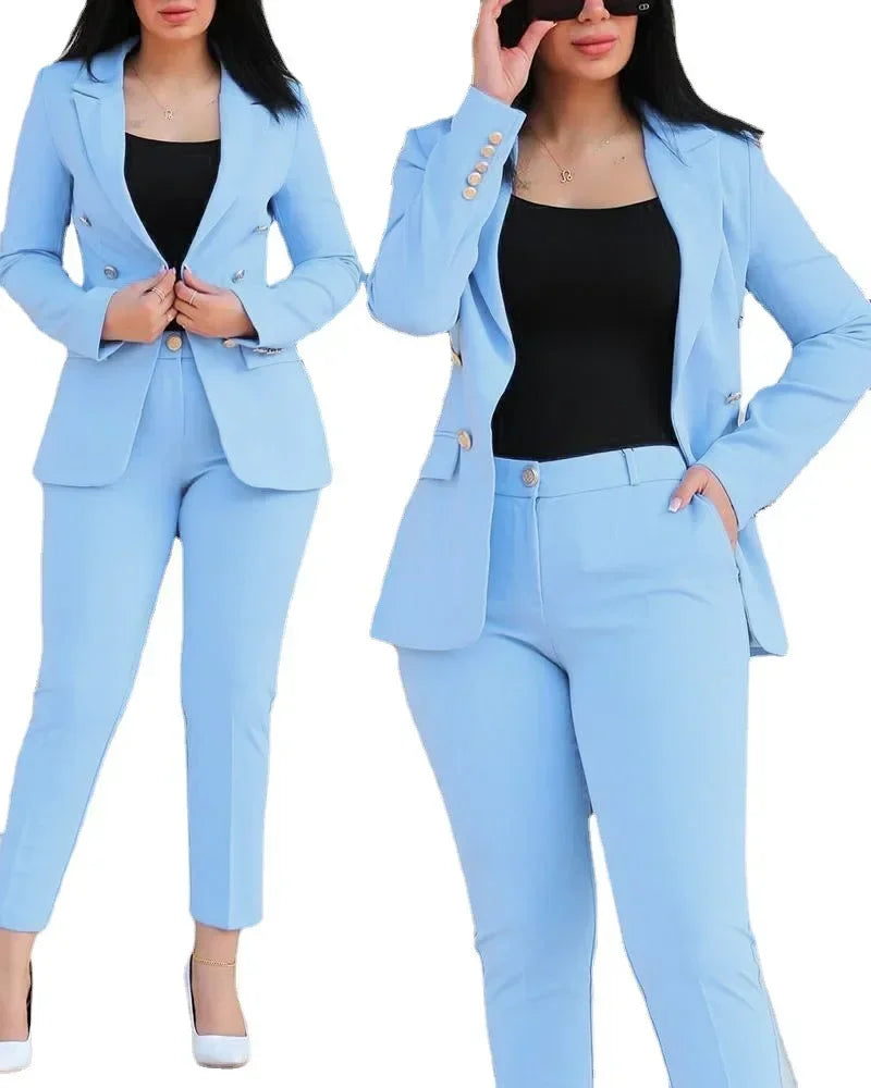 Maxy Women Two Piece Sets Pant Suits Turn Down Collar Blazer Coats Straight Long Pants Suits Slim Fit Casual Autumn Elegant Work