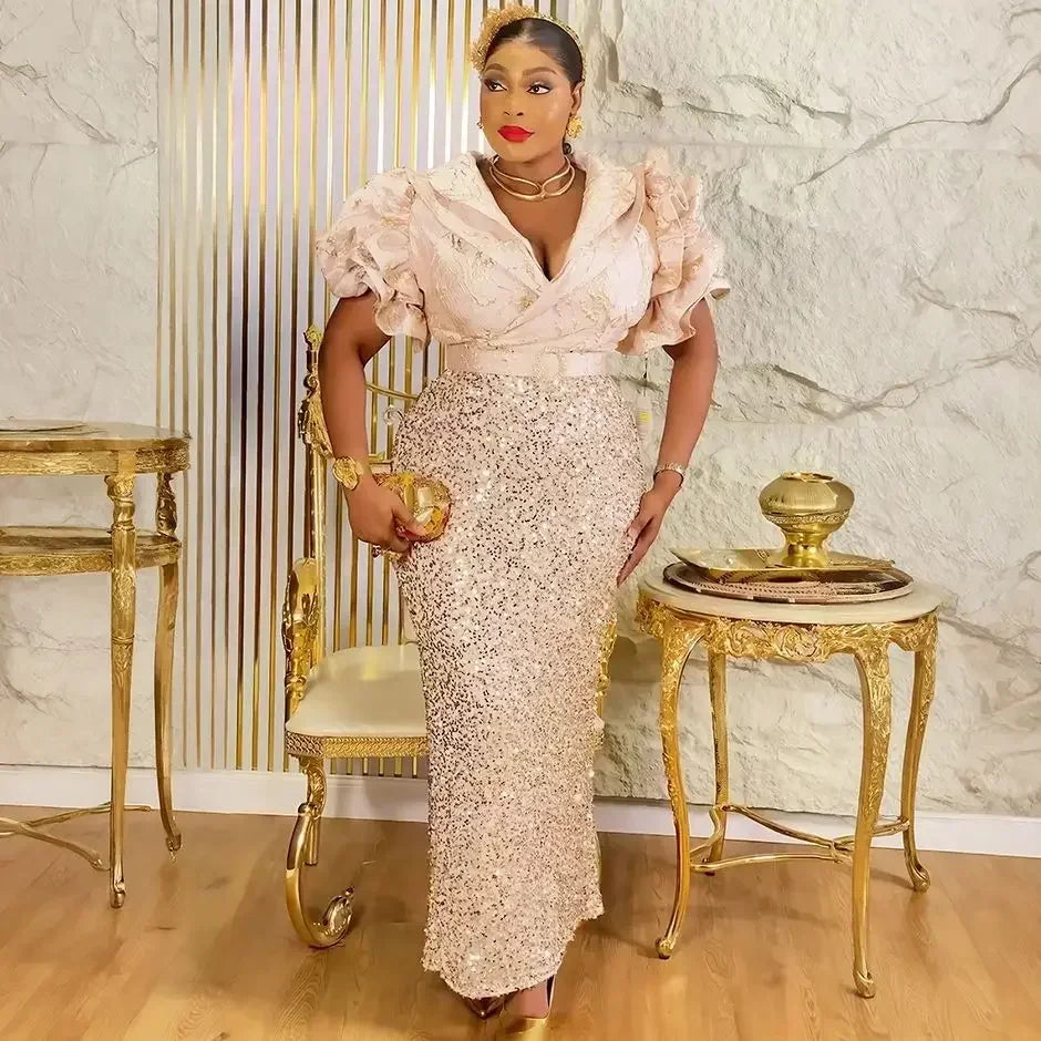 Amay Plus Size Evening Dresses for Women Luxury Sequin Gown Elegant Turkey Wedding Party Long Dress Ankara Ladies Clothing
