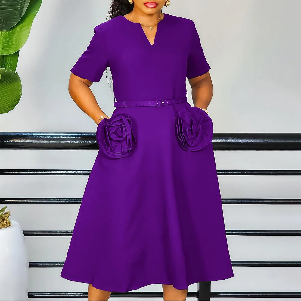 Maxy Elegant Dresses Woman Luxury V Neck Short Sleeve Solid A Line Mid Calf African Wedding Party Birthday Wear Dress Midi Robes