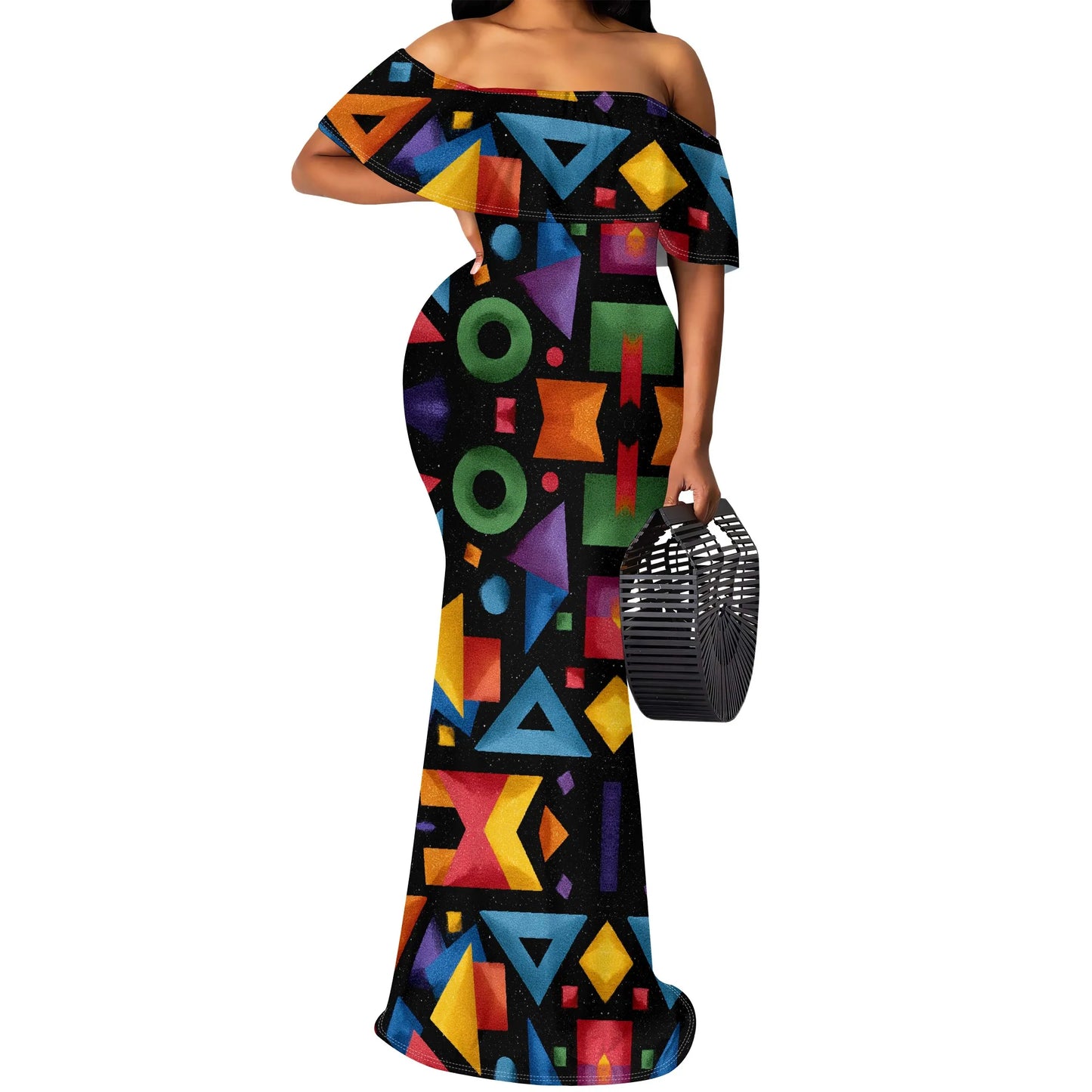 Maxy Sparkle Diamond Print Maxy Dress S-3XL Off Shoulder Bodycon Mermaid Style for New Year’s Eve, Holiday Dinner or Glam Party Look