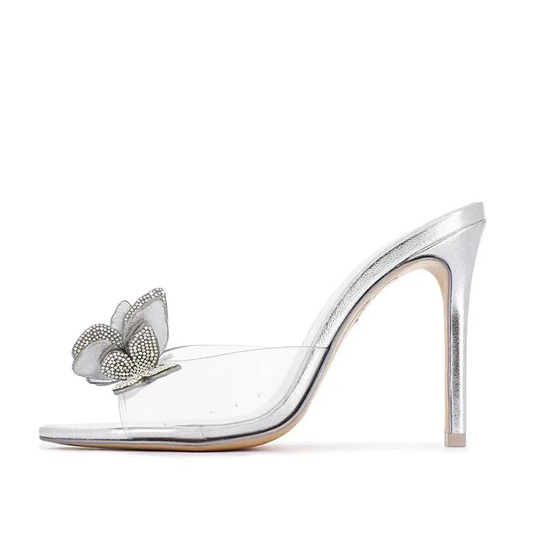 Maxy Butterfly Rhinestone Stiletto Slippers Silver Transparent High Heels Large Open Toe Sandals Women Shoes Sandals