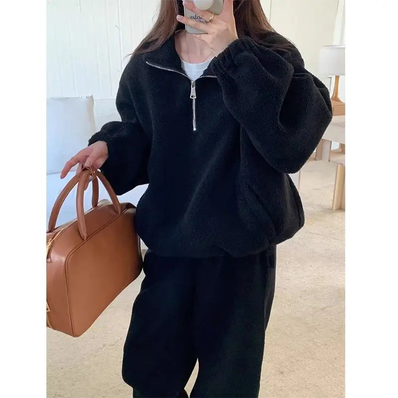 Maxy Korean Spring Autumn Retro Lamb Fleece Standing Neck Zipper Drawstring Sweater+Elastic Waist Strap Casual Pants Set