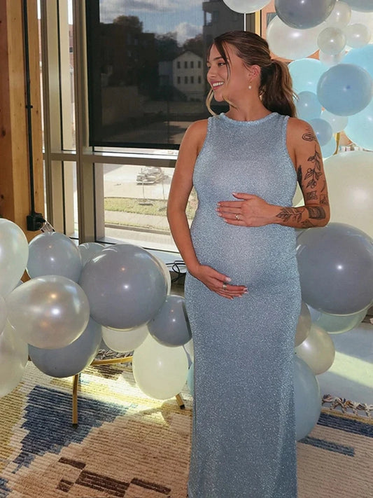 Maxy Sparkly Maternity Sequin Party Dress Sleeveless Backless Pregnancy Bodycon Gown Baby Shower Holiday Photoshoot Outfit