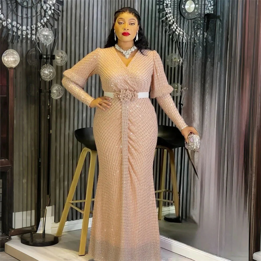 Amay Party Dresses for Woman Clothing Plus Size Dashiki Sequin Pink Robe Elegant Turkey Muslim Wedding Evening Gown