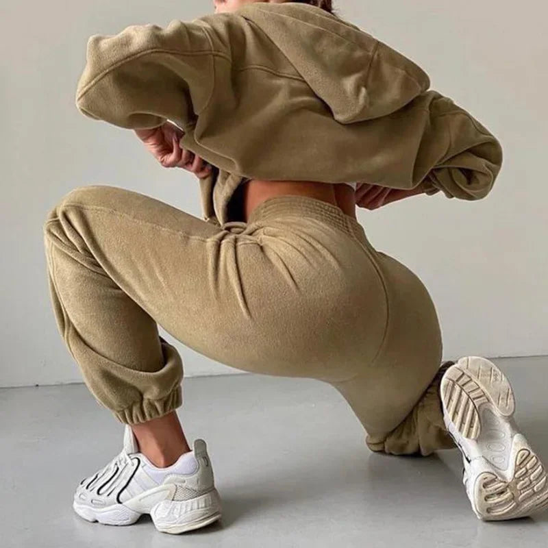 Maxy Women Tracksuit Autumn Winter Fleece Two Piece Sets Elegant Solid Oversized Warm Hoodies+Long Pant Sports Suit Ensemble Femme