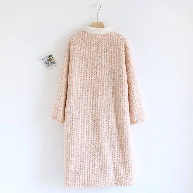 Maxy New Autumn and Winter Women's Nightgown Fleece Sweet and Cute Bathrobe Women's Nightdress V-neck Collar Button Home Dress