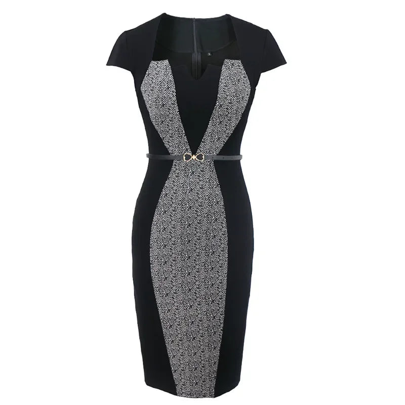 Women Office Lady Pencil Dress 2024 Elegant Business Work Wear Stretch Short Sleeve Patchwork Slim Bodycon Female Sheath Dresses