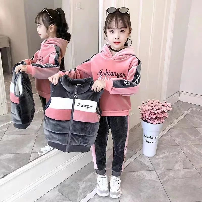 Maxy 2024 winter girls tracksuit Autumn Toddler Teenager Clothes velvet jacket vest + hooded + strip Pant Children Kids 8 10 12 year