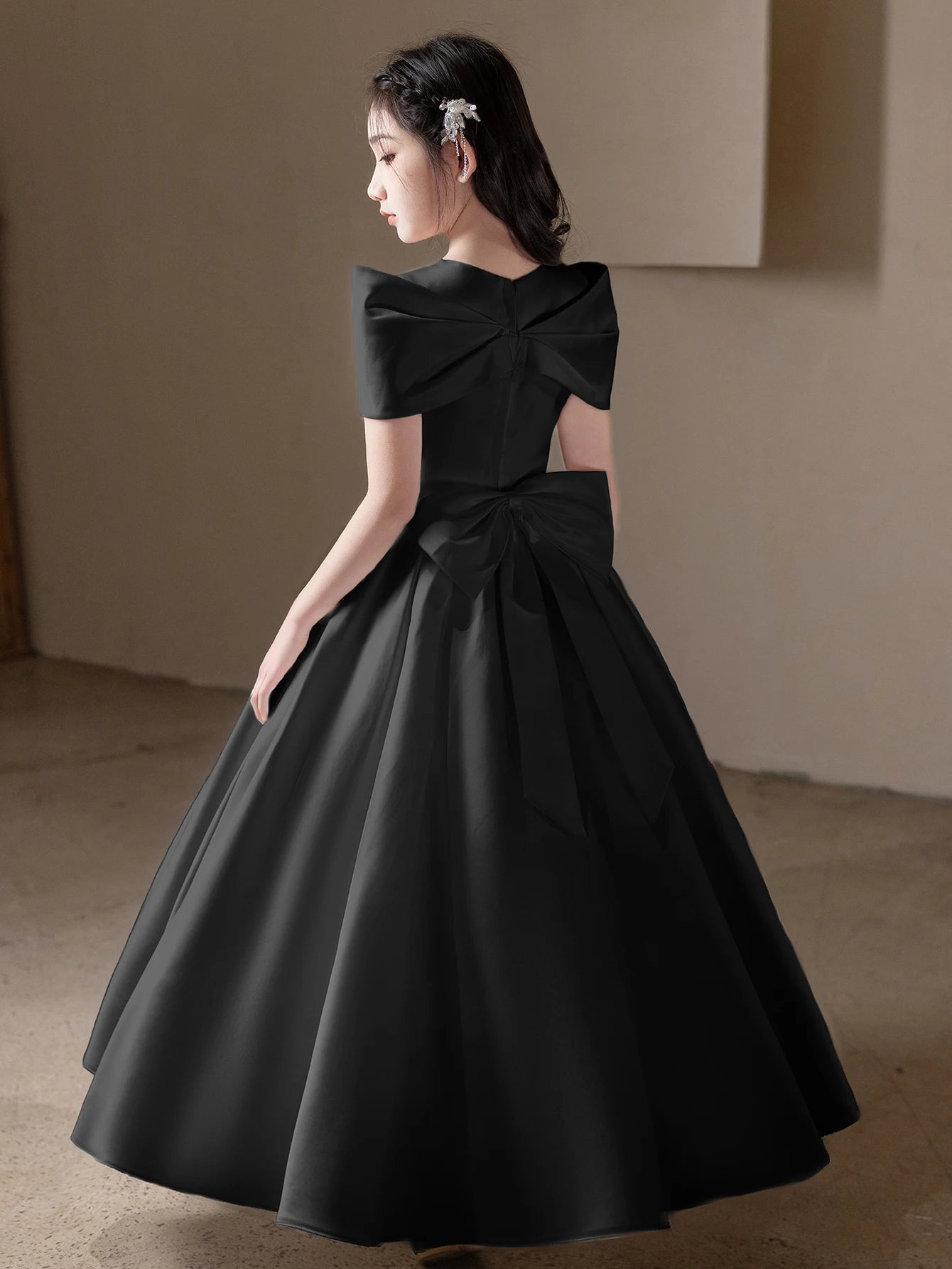 Maxy Girls, Teenagers Black High-End Long Dresses Children's Birthday Parties Weddings Big Bows Evening Dresses