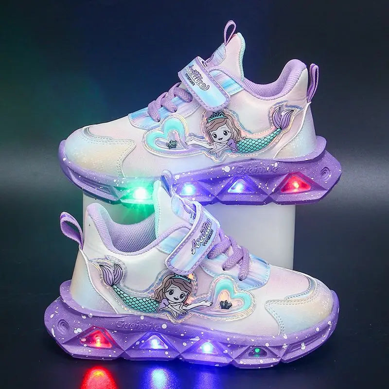 Maxy Children's Sports Shoes with Lights Cute Cartoon Mermaid Girls Sneakers Led Luminous Light Running Shoes Leather Toddler Shoes