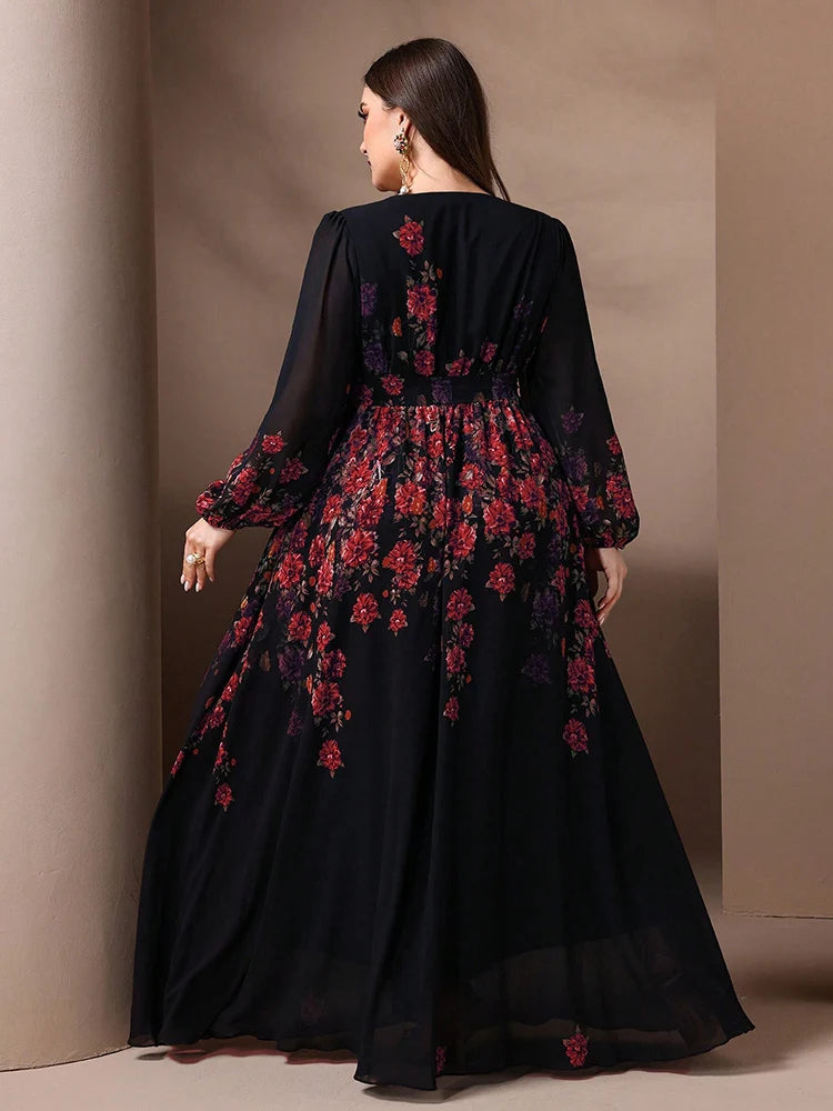 TOLEEN 2024 New Spring Summer Casual Elegant Formal Party Maxi Dresses Plus Size Women's Floral Print V-Neck Long Sleeve Dress