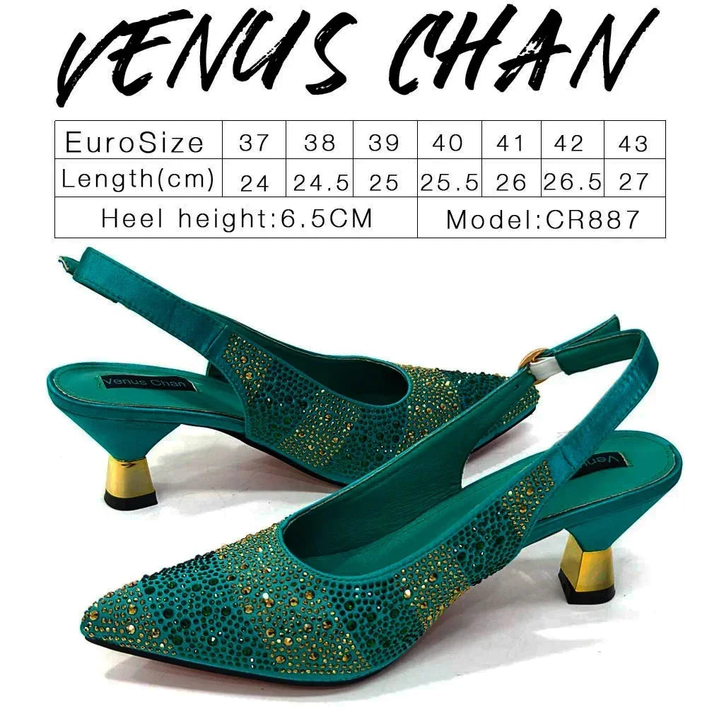 Venus Chan Italian Design Rhinestone-encrusted Ladies Party Shoes And Special Bag High Heels And Dual Purpose Bag Women's Shoes