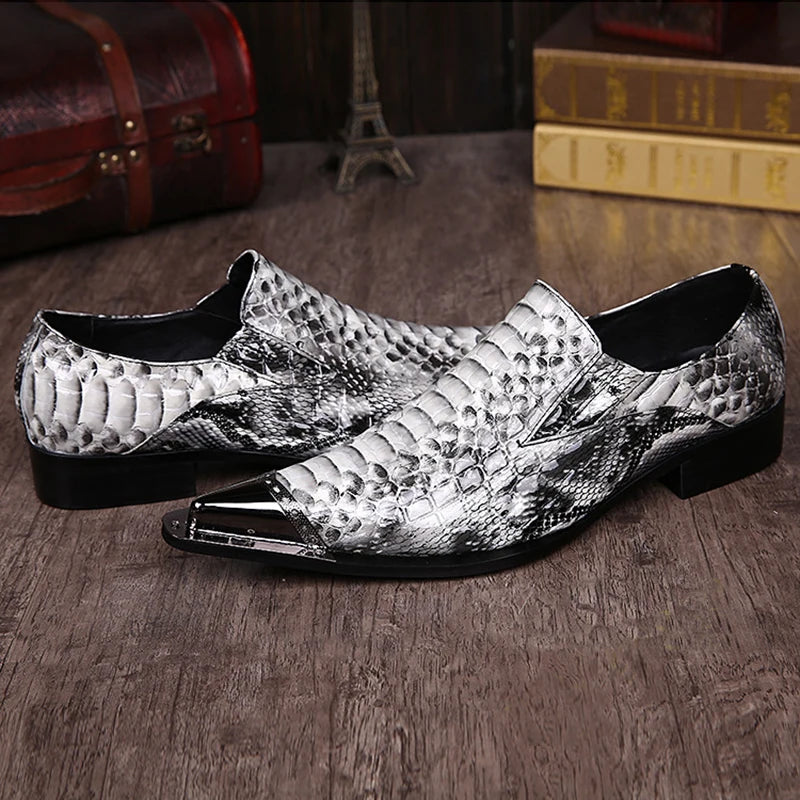 Visco Italian Style Men's Shoes Pointed Iron Toe Fashion Snake Pattern Leather Dress Shoes Men Formal Business/Party Shoes