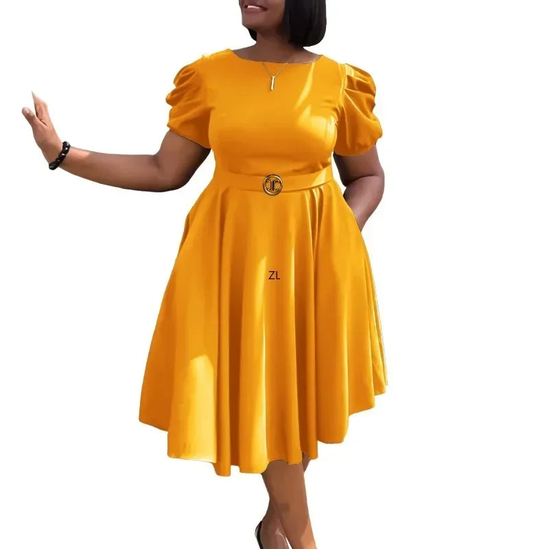 Amay Women's Long Dress Classic New Commuter Round Neck Temperament Elegant Cinched Waist Bubble Sleeve A-line Dress Retro OL