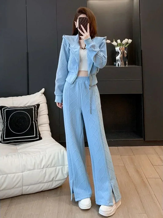 Maxy Pant Sets for Women 2 Pieces Autumn Winter Hooded Sweatshirt Tracksuit Trousers Woman Sport Wide Leg Korea Stylish Tailor Co Ord
