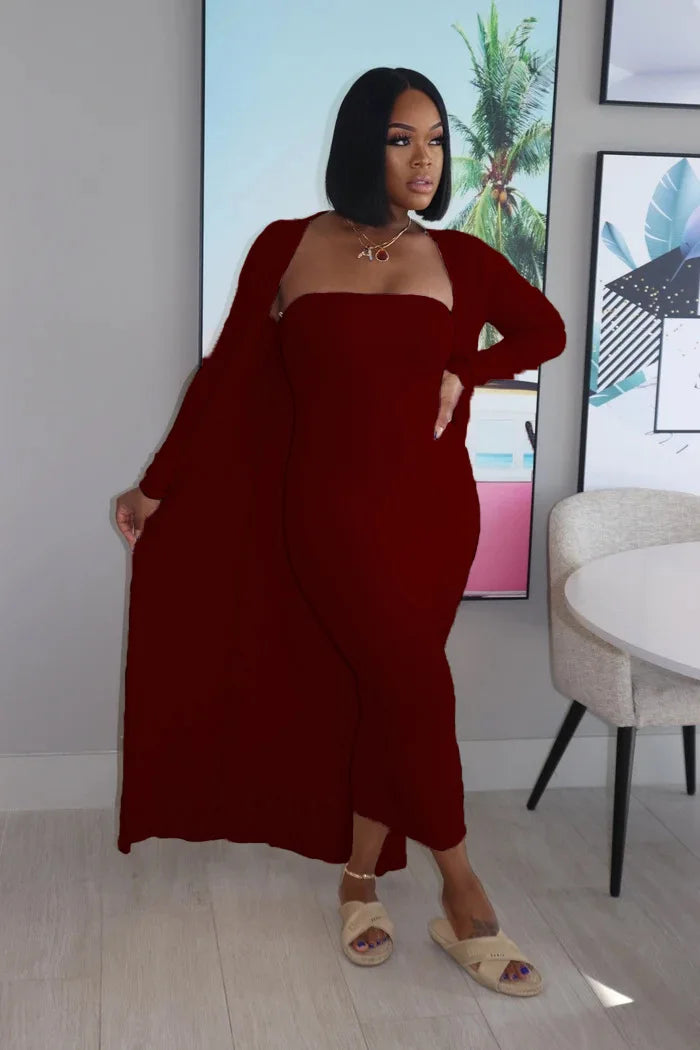 Maxy Casual Off Shoulder Bodycon Dress and Long Sleeve Cardigan Coats Women Solid Color Matching 2pcs Outfits Female Tracksuits