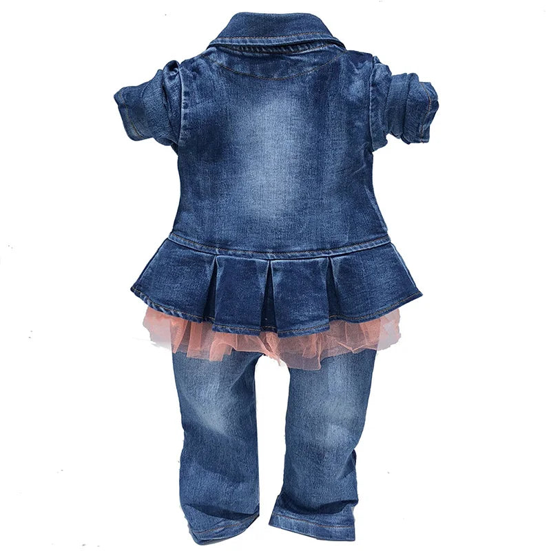 Maxy Spring Autumn Infant Baby Girl Denim Clothing Sets 3 pcs Long Sleeve T Shirt Dress Tops Denim Jacket and Jeans Trousers Pants