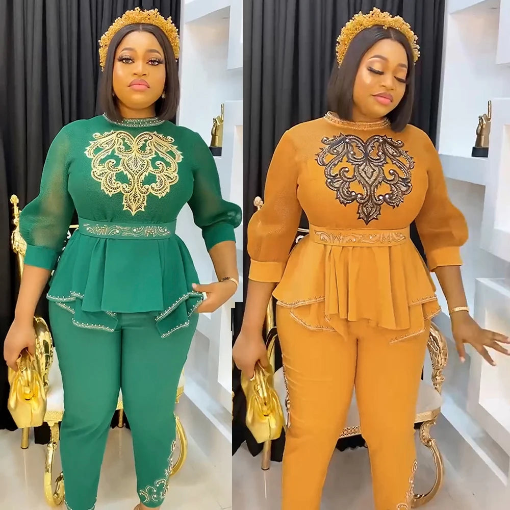 Amay Plus Size Two Piece Set For Women Dashiki Tops Pants Suit Dubai Turkey Clothing Tracksuit Wedding Party Gown