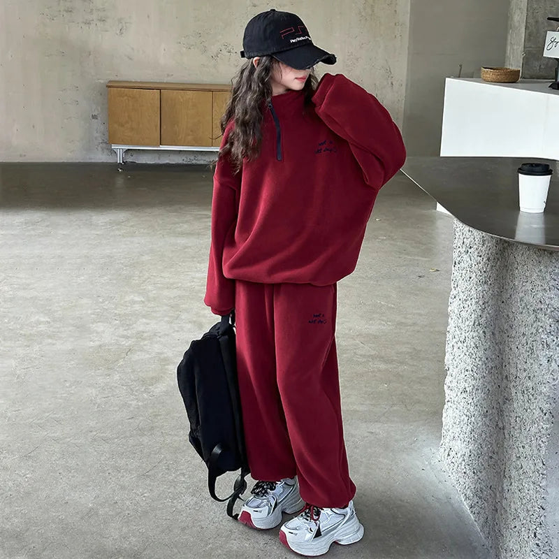 Maxy Girls Suits Winter Casual Two-piece Set Fashion New Korean Children Pack Fleece Thickened Letter Hoodie Pants Clothes