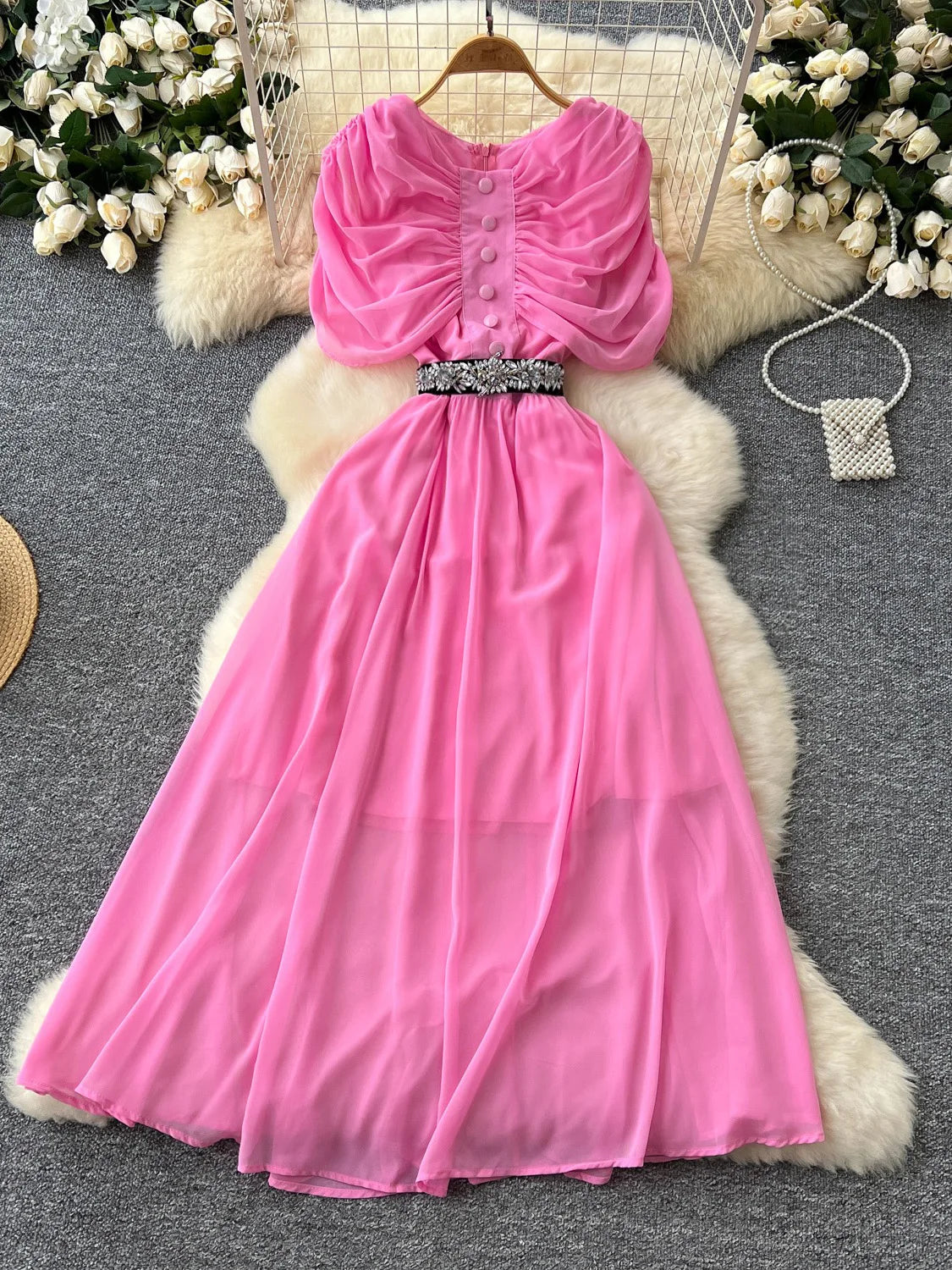 Maxy Spring Summer Women Red/Purple/Green Draped Chiffon Long Dress Vintage Round Neck High Waist A-Line Female Robe New