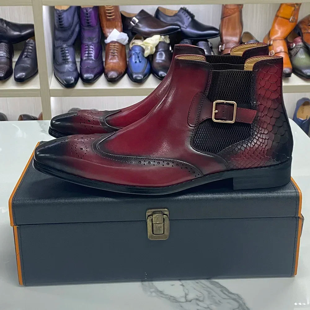 Visco Men's Real Cow Leather Ankle Boots, Slip on Buckle Strap Wing Tip Luxury Design Classic Dress Boots Handmade Basic Shoes for Men
