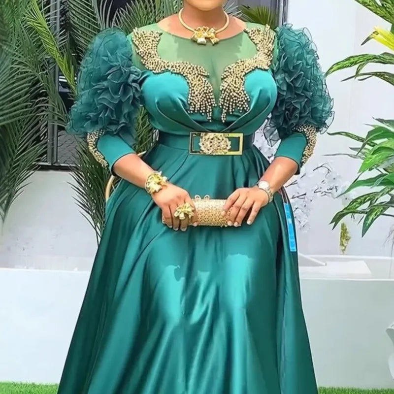 Amay Women Party Evening Dress Luxury Lace Sleeve High Waisted Plus Size Gown Ankara Wedding Outfits Muslim Sequin Maxy Dress