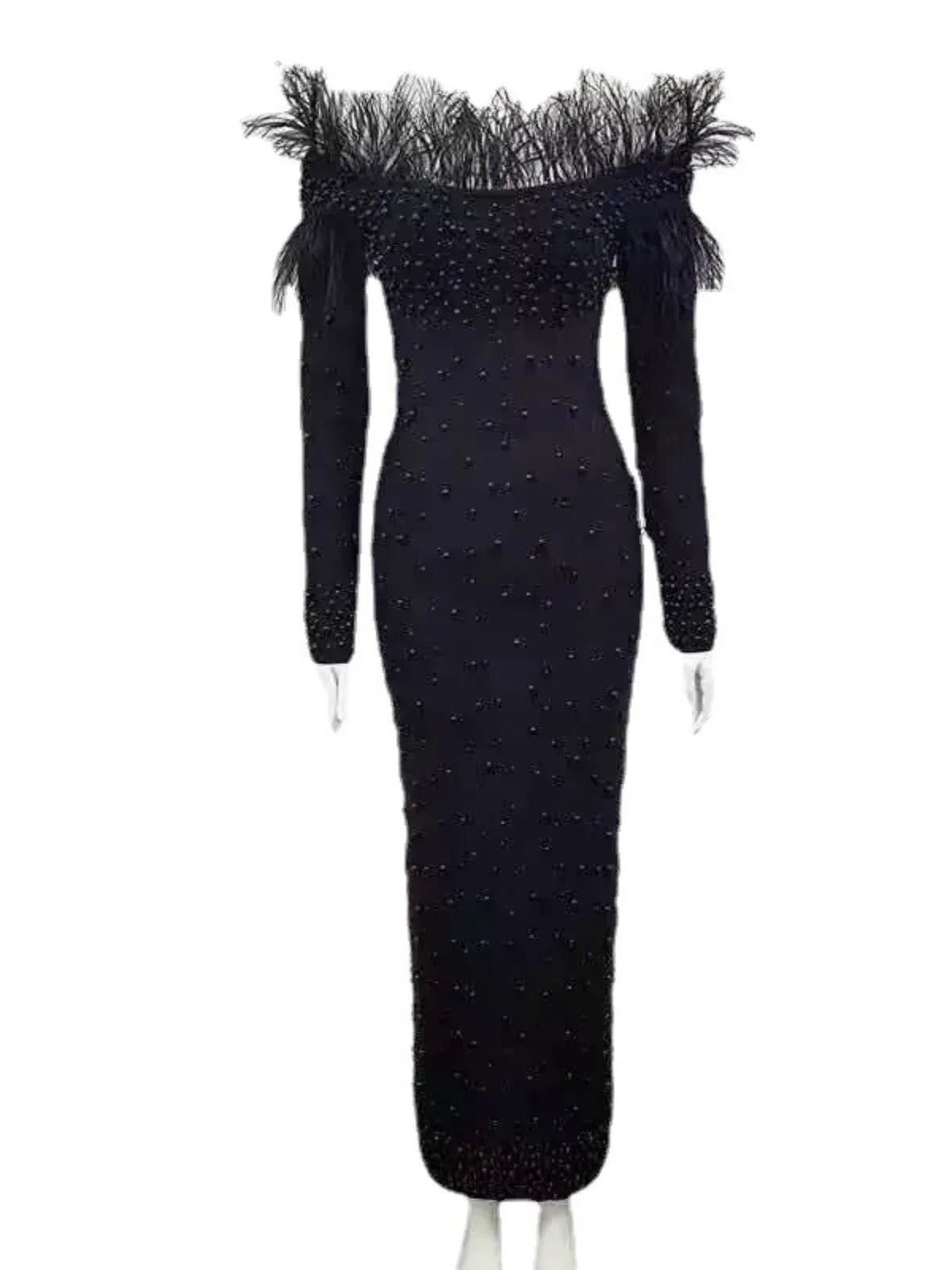 Maxy High-end Luxury Beaded Dress Long Sleeve Evening Dress New White Elegant Women's Wear Slim Feather Neckline Bandage Off Shoulder