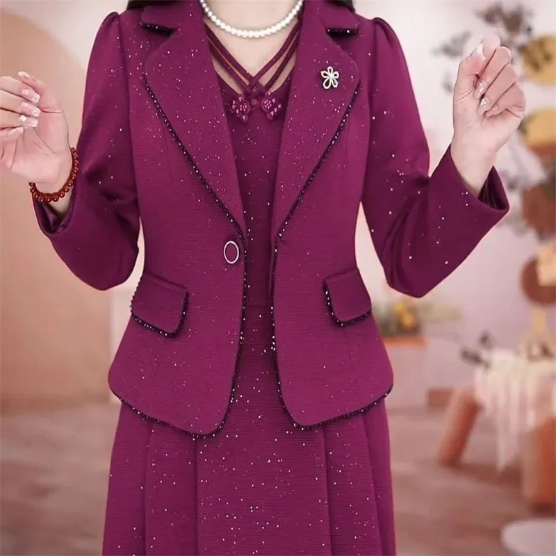 Maxy Middle Aged Female Dress Sets Spring Autumn High End Elegant Blazer Coat And Long Dress 2PCS Women OL Temperament Dresses Suit