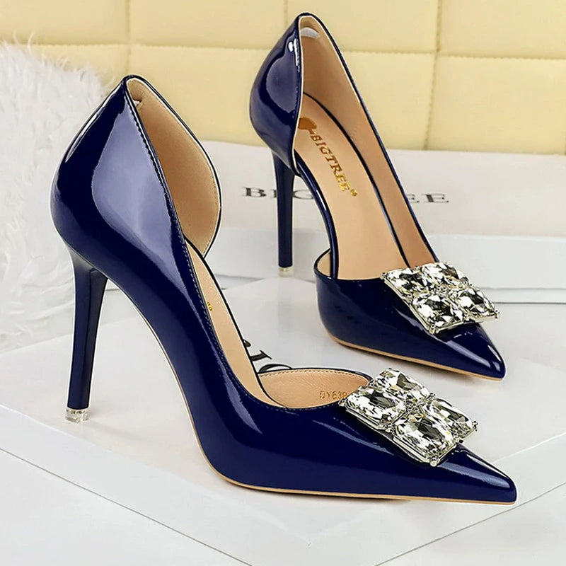 Visco BIGTREE Shoes NEW Luxury high heels Rhinestone Design Women Pumps Patent leather Female heels stilettos Fashion Sexy Party shoes