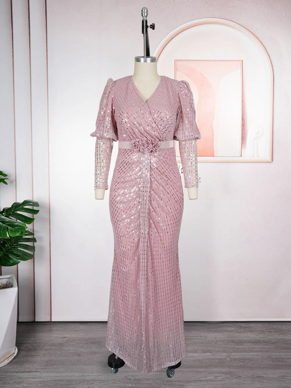 Amay Party Dresses for Woman Clothing Plus Size Dashiki Sequin Pink Robe Elegant Turkey Muslim Wedding Evening Gown