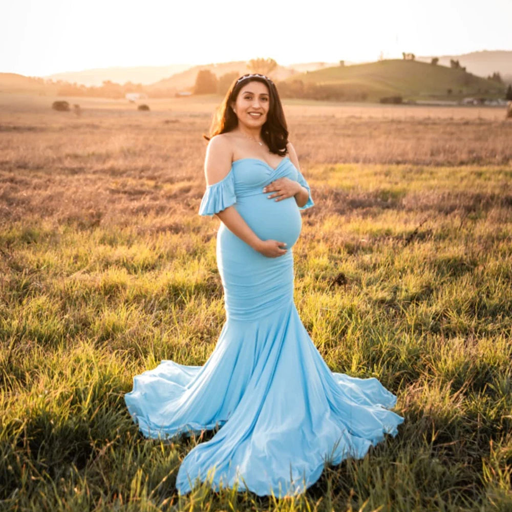 Maxy Maternity Dress Photography Tube Top Ruffle Sleeve Slim Fishtail Bridesmaid Wedding Maxy Gown Pregnant Baby Shower Robe
