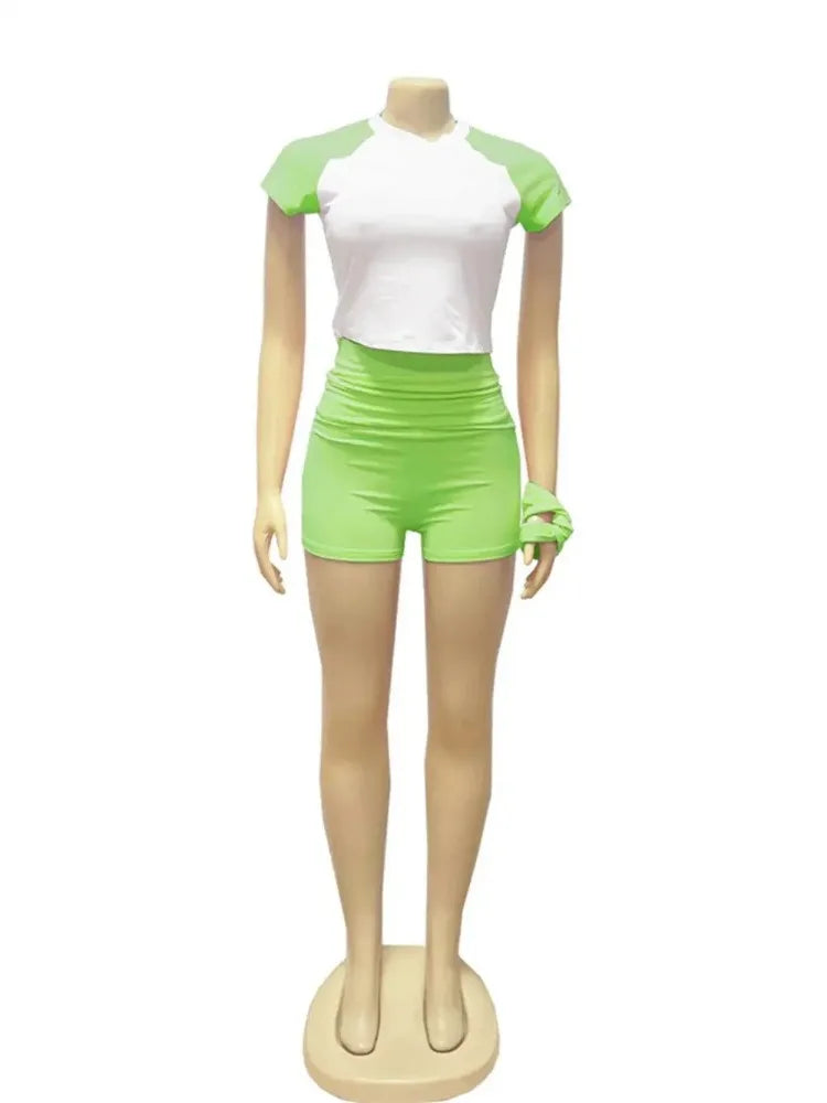 Maxy Sporty Patchwork 3 Piece Set Women Casual Summer Headband Crop Top+High Waist Bike Shorts Street Matching Tracksuit