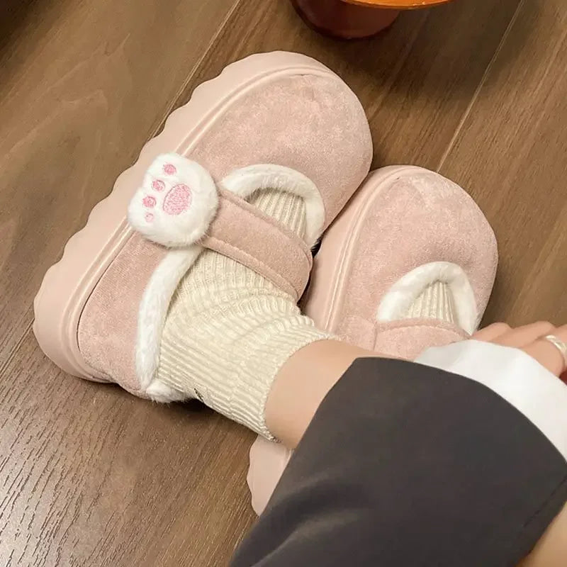Maxy Cute Cat Paw Cotton Snow Boots Shoes for Women New Winter Velvet Thick Sole Outdoor Shoes Warm Round Toe Lazy Casual Shoes