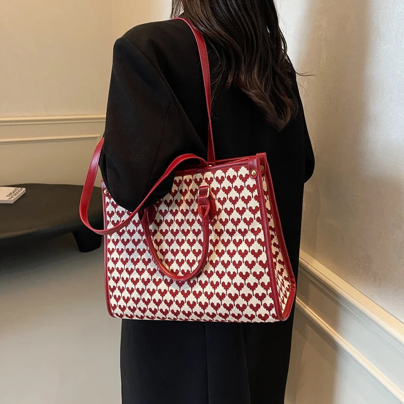 Maxy Red Love Heart Handbag For Women Large Capacity Cloth Travel Bag Fashion Hand Bag Retro Houndstooth Female Portable Tote Bag