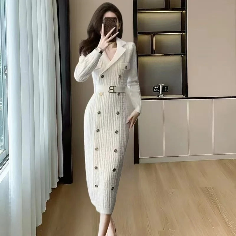 Maxy Spring New French Elegant Knitted Midi Dress Women Fashion Lapel Long Sleeve Belt Two Breasted Stretch Party Dress Female