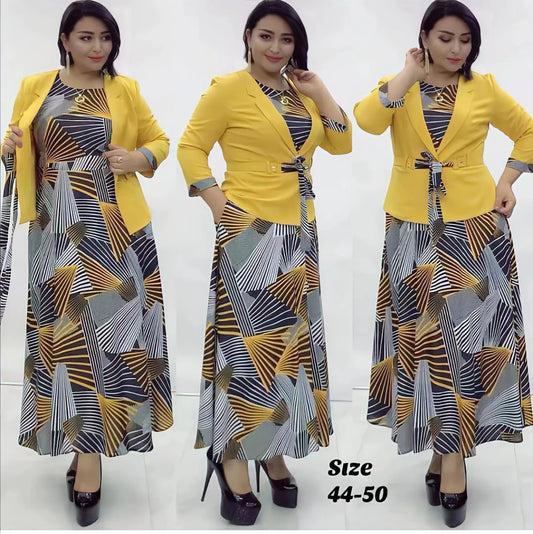 Maxy 2 Piece Set Africa Clothing Elegant African Dresses for Women Plus Size Office Party Maxy Dress with Coat Dashiki Ankara Outfits