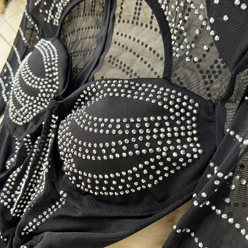 Amay Chic Elegant Long Sleeve Stand Collar Rhinestone Mesh Hollow Out Dresses High Waist Evening Party Women Autumn Ceremonial Dress