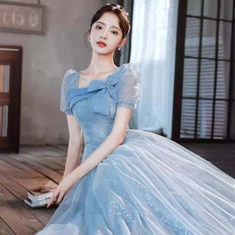 Maxy New Women's Summer Blue Bow Purple Evening Dress Fashionable Slimming Student Graduation Art Exam Walking Dress