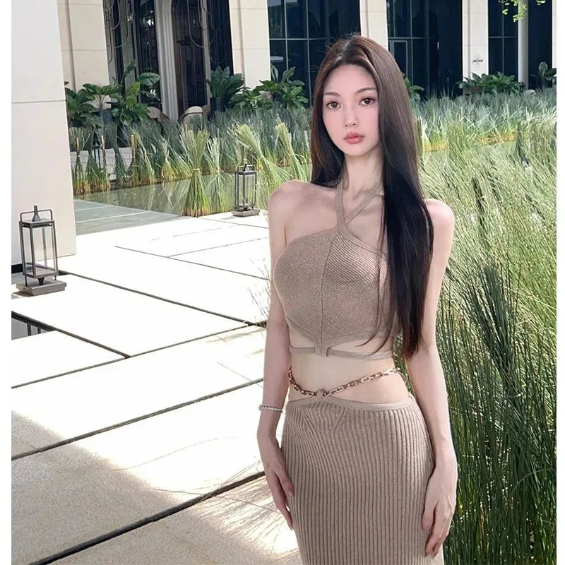 Maxy Temperament Knit Hanging Neck Tank Top Wrap Hip Skirt Two Piece Set Women Lace Up Backless Collarbone Spicy Solid Banquet Wear