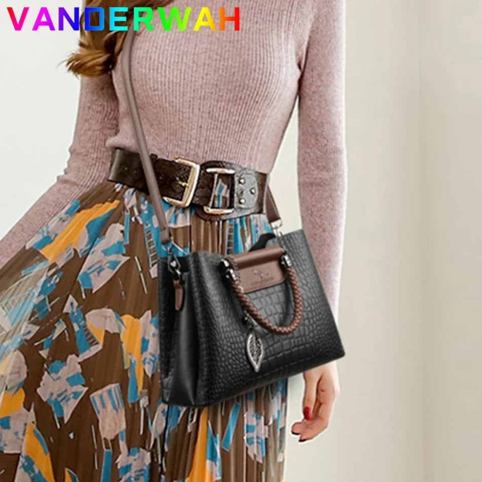 Maxy Genuine Brand Leather 3 Layers Alligator Crossbody Bag for Women Female Shoulder Messenger Sac Luxury Designer Ladies Handbags