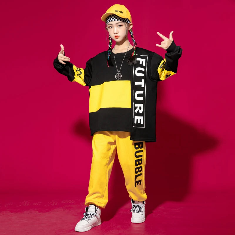 Maxy Kids Kpop Hip Hop Dancing Clothing 2 Tone Sweatshirt Top Streetwear Sweat Pants For Girl Boy Show Jazz Dance Costumes Clothes