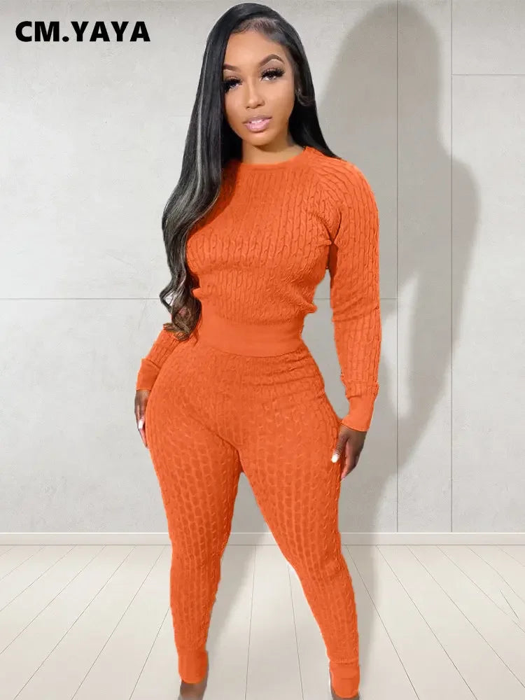 Maxy Women Fashion Weave Two 2 Piece Set Outfits Street Autumn Winter Sweater and Knit Pants Suit Active Tracksuit
