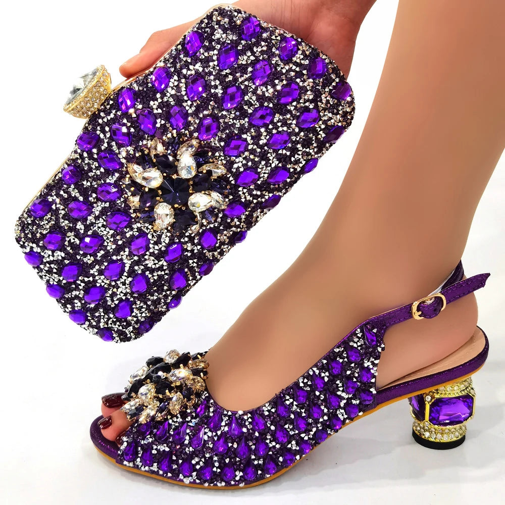 Momsey New Arrival Fashion Special Crystal Style Elegant Gold Color Party Wedding Women Shoes and Bags Set