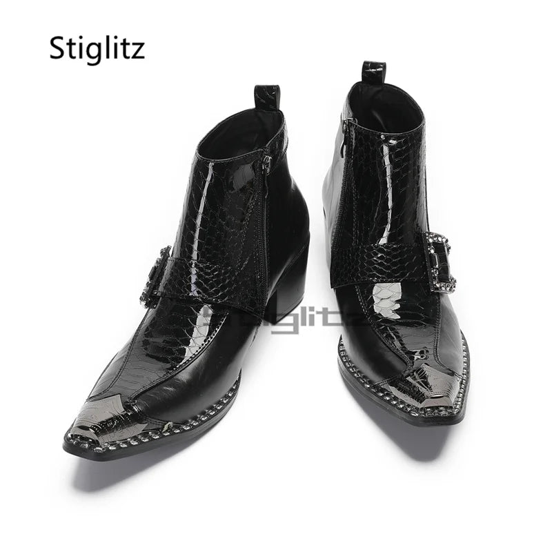 Visco Rhinestone Buckle High Heels Men's Boots Black Genuine Leather Metal Pointed Toe Side Zipper Business Ankle Boots Male Shoes