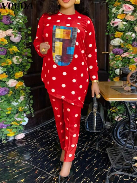 Maxy Plus Size 5XL Printed Pant Sets Women Autumn Long Sleeve Tops and Pants Polka Dot Sets Casual Loose 2PCS